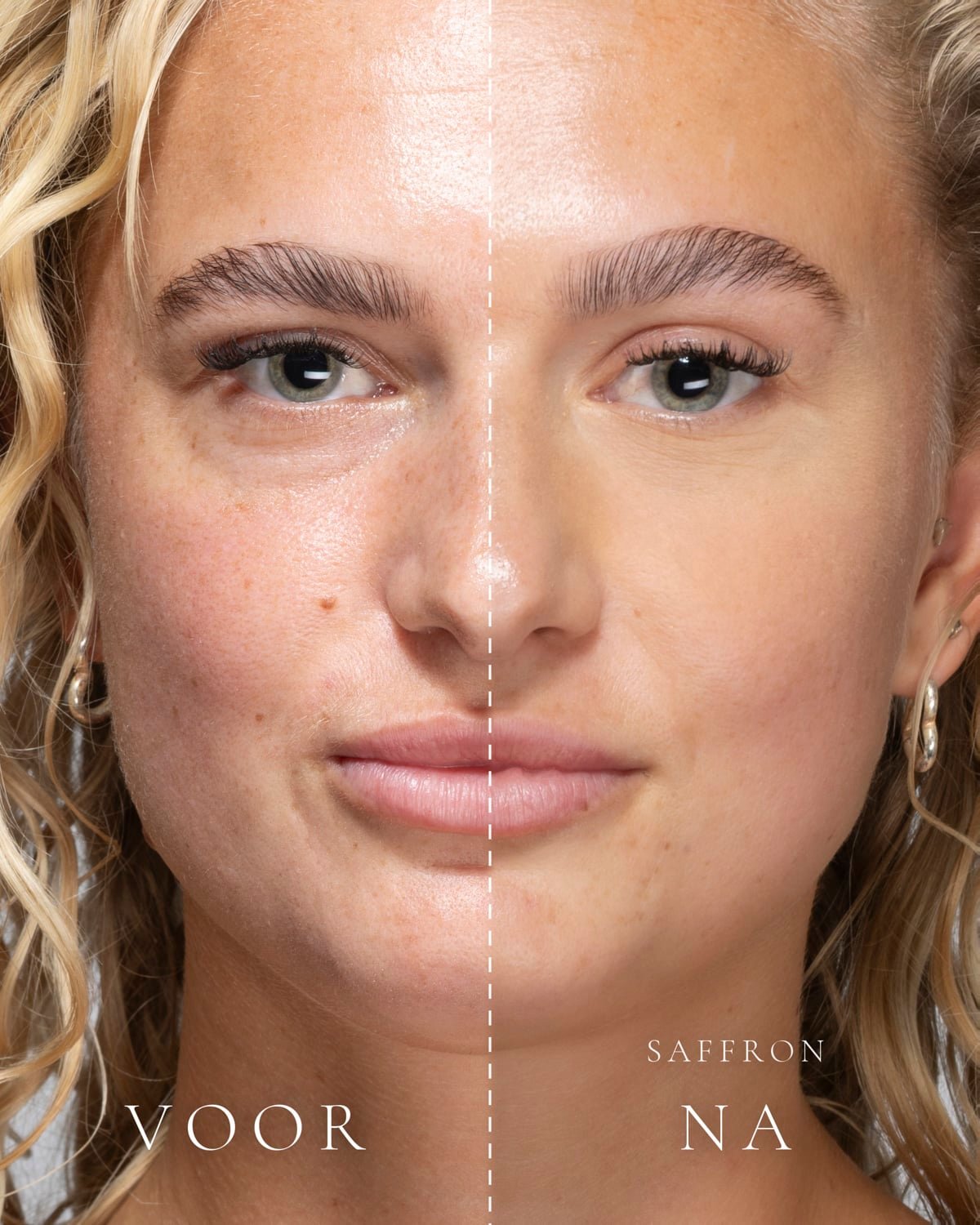 Links zonder make-up, rechts met Loose Setting Powder in de tint Saffron