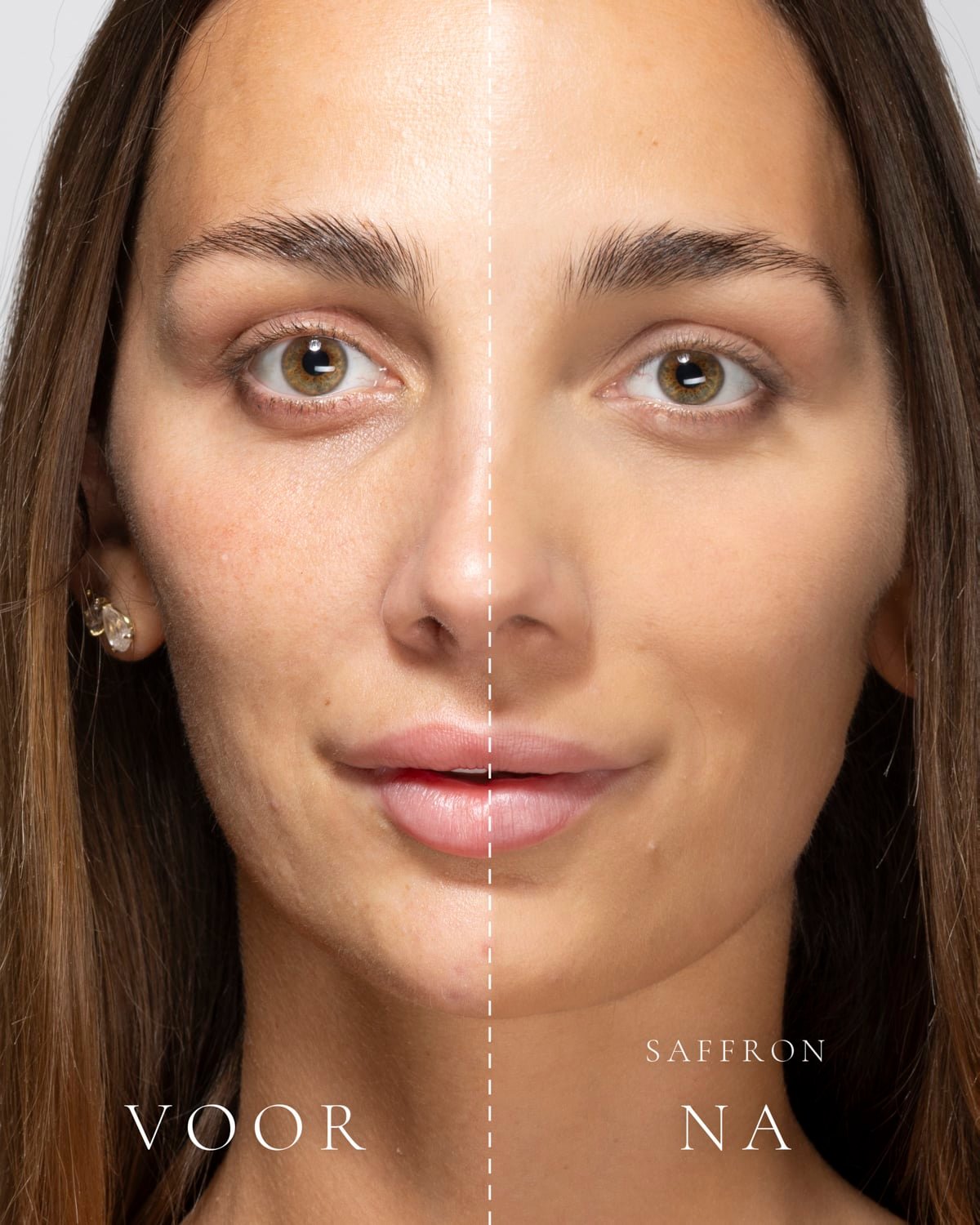 Links het gezicht zonder make-up, rechts met Loose Setting Powder in de tint Saffron